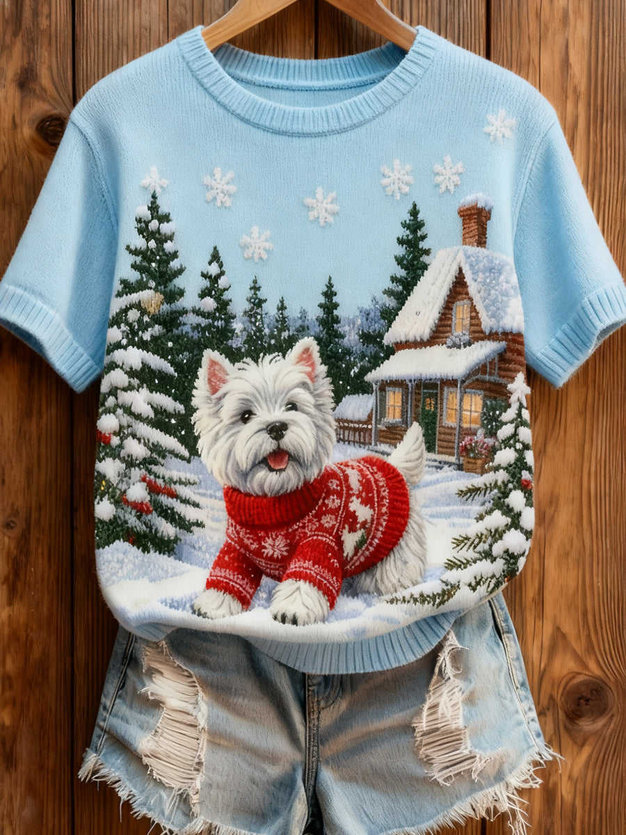 Ewa&Co™ Damskie Retro Boże Narodzenie Animal Art Print Wygodny top z dzianiny z krótkim rękawem