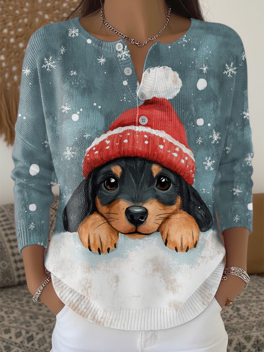 Ewa&Co™ Damski uroczy mikołajkowy sweter z nadrukiem Jamnik Henley Neck