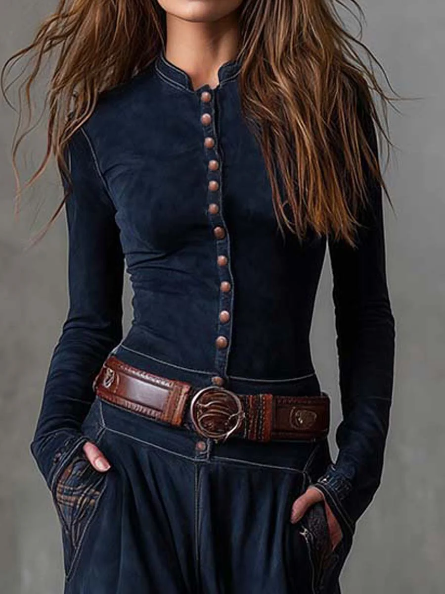 Ewa&Co™ Granatowa zamszowa sukienka maxi z paskiem